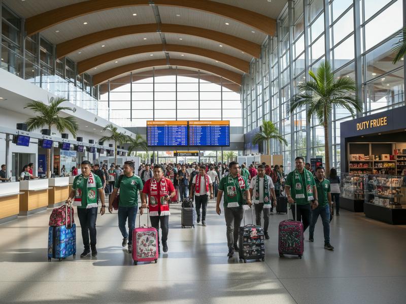 Inside a modern Mexican airport terminal with travelers heading to World Cup host cities