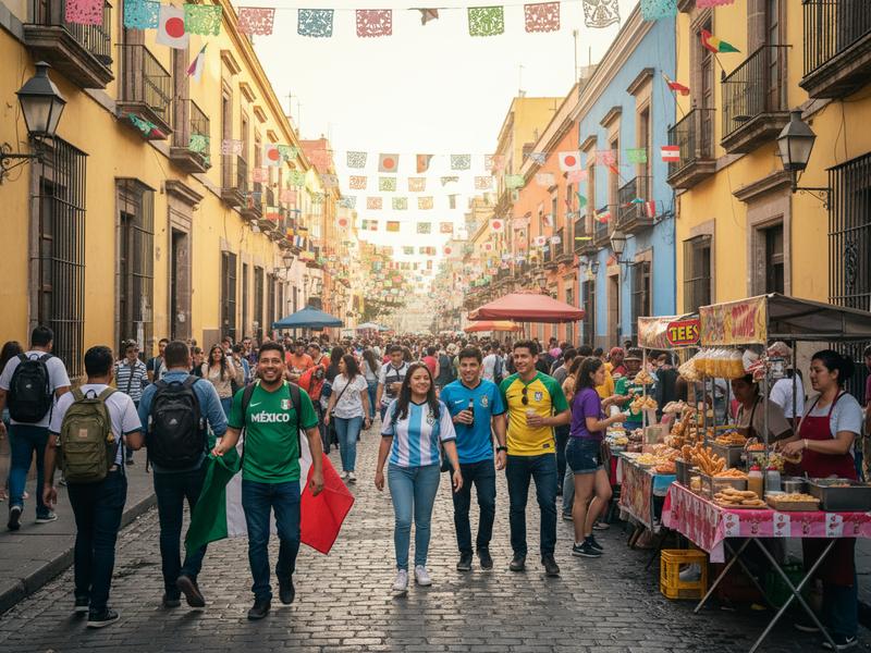 Travelers exploring a colorful Mexico City neighborhood during World Cup 2026