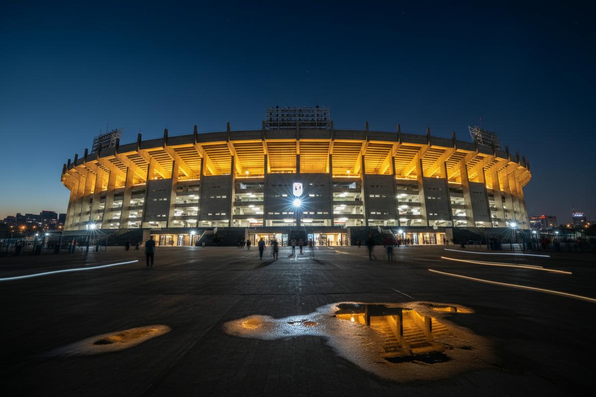Estadio Azteca lit up at night under dramatic skies for a World Cup 2026 match