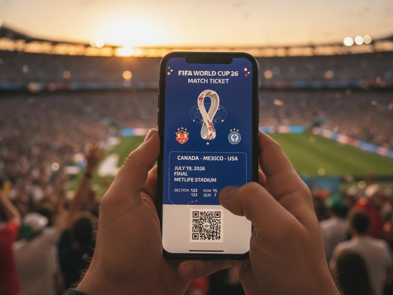 World Cup 2026 tickets on a mobile phone screen with fan crowds in background
