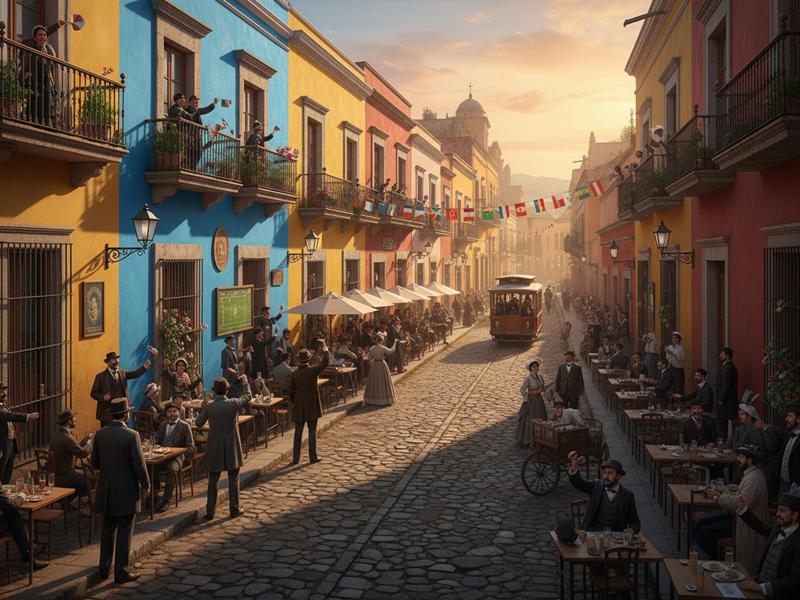 Colorful colonial buildings and cobblestone streets in Monterreys Barrio Antiguo neighborhood at night