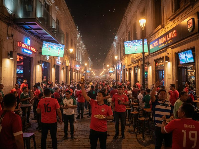 Night scene in Barrio Antiguo Monterrey with bars and restaurants lit up and crowds outside