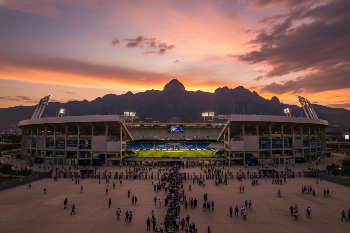 Estadio BBVA in Monterrey with the Sierra Madre mountains dramatically visible behind the stands