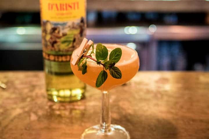 Pink Xtabentún cocktail in a coupe glass with herb garnish