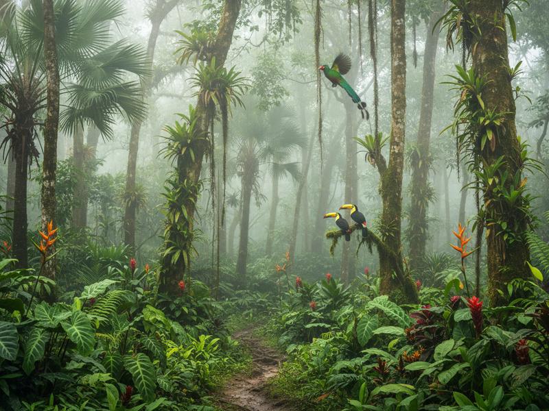 Adventurer on zip line flying over dense tropical jungle canopy in Mexico