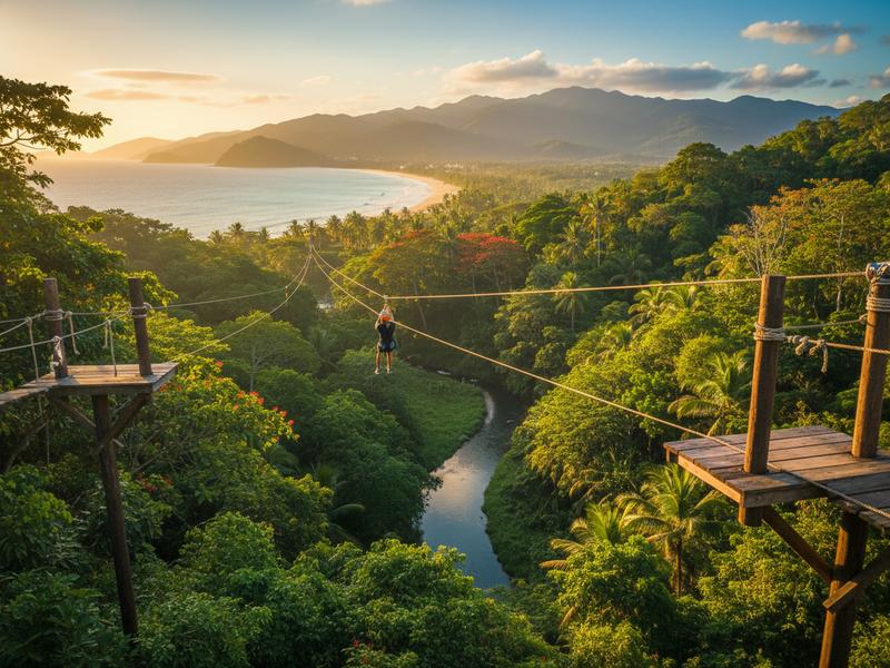 Zip line circuit through lush green Sierra Madre mountains near Puerto Vallarta