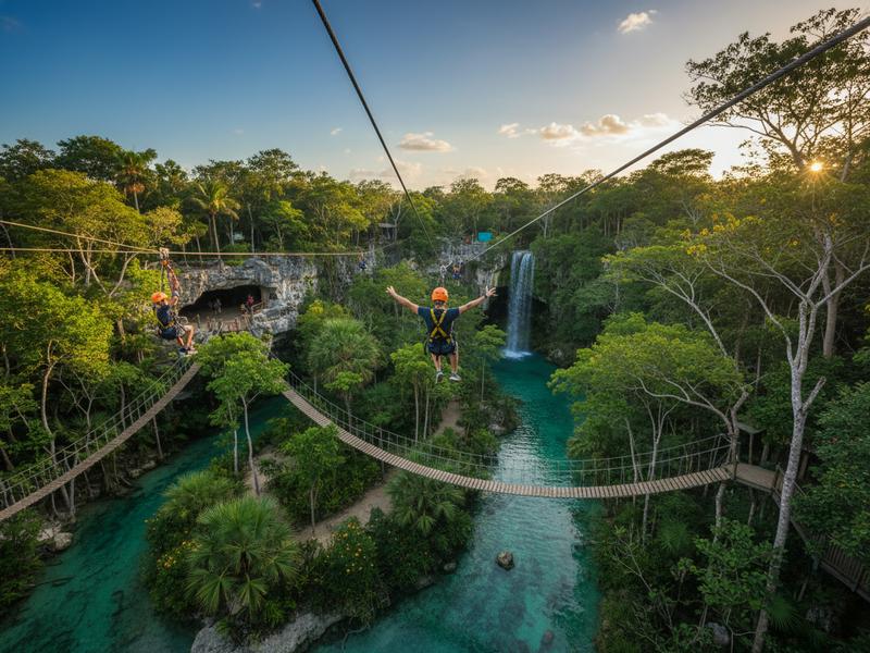 Nighttime zip line adventure at Xplor Park with illuminated jungle below