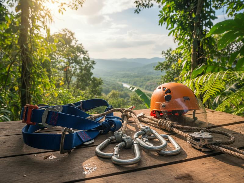 Professional guide checking safety harness before zip line adventure